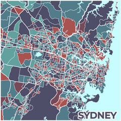 Sydney, Australia's vibrant capital, showcased in a serene teal and rich crimson, meticulously detailed with intricate white lines representing its bustling urban landscape and iconic harbor.