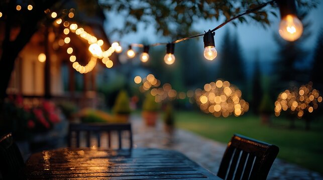 Blurred garden patio at dusk, lit by warm string lights — cozy backyard terrace bokeh, evening outdoor ambience, festive lifestyle decor background with copy space - Powered by Adobe