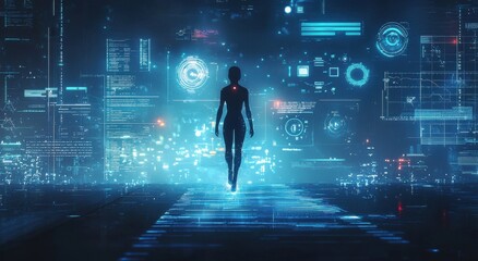 Futuristic silhouette walking through a virtual blue holographic environment