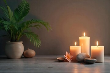 Serene studio shot of a peaceful meditation scene Soft lighting illuminates candles and calming objects, creating a tranquil atmosphere ideal for mindfulness and relaxation , wellbeing, texture