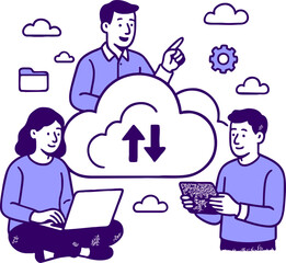 Cloud technology. People storing data on cloud server. Concept of cloud computing, online database, web hosting, web data center. Vector illustration for web banner, infographics, mobile app