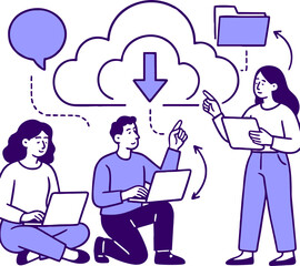 Cloud technology. People storing data on cloud server. Concept of cloud computing, online database, web hosting, web data center. Vector illustration for web banner, infographics, mobile app