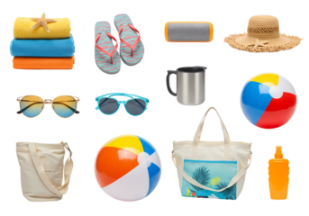 Beach Vacation Essentials Summer Fun Collection  Sunglasses Towels Beach Balls Bags Hats  More isolated on transparent background