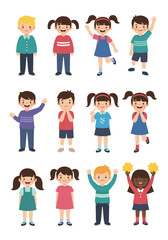 A diverse group of cartoon children standing and waving together in joyful expressions