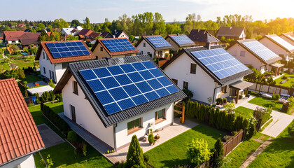 Aerial view of a modern suburban neighborhood featuring homes with rooftop solar panels, showcasing sustainable energy solutions and efficient residential power generation under bright sunny skies