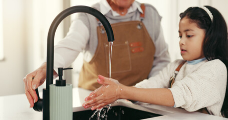 Support, mother and child washing hands in home, teaching health and wellness practice for hygiene education. Helping, parent and girl in kitchen, bacteria and germ removal in cleaning dirt at faucet