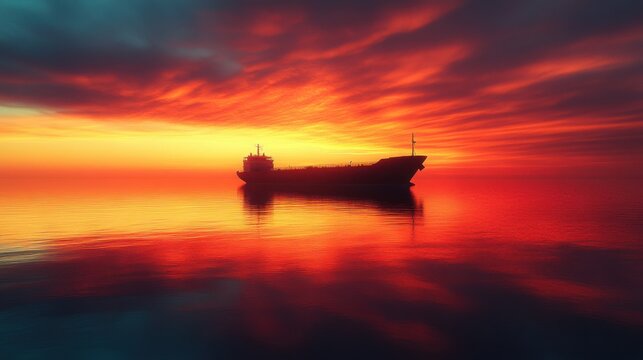 Silhouette of a cargo ship at sunset on a calm ocean