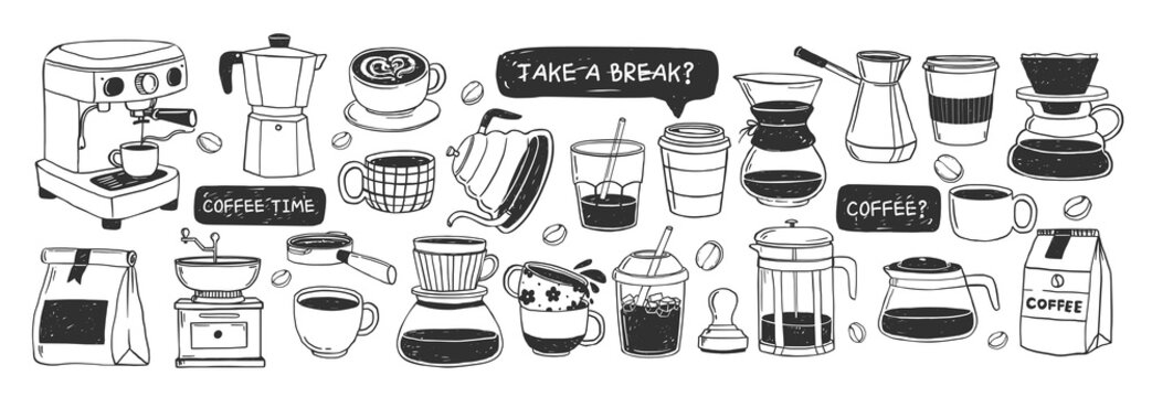 Sketch coffee. Hand drawn coffee shop elements. Doodle chalk cups, mugs, espresso, cappuccino, black filter coffee drinks, utensils. Cafe menu, branding icons. Vector set