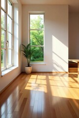 Gleaming hardwood floors reflect sunlight streaming through a large window in a modern, minimalist interior Clean lines and natural light create a bright and airy atmosphere , light, natural