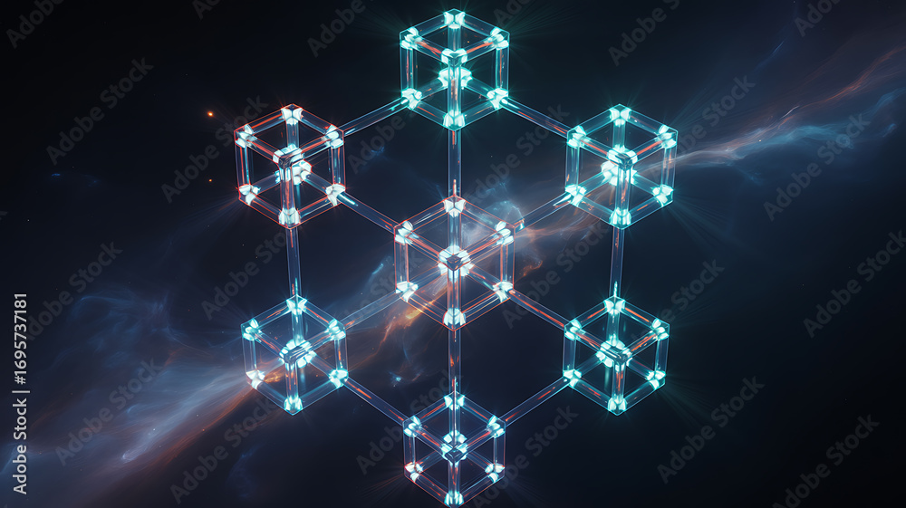 Wall mural interconnected transparent cubes forming a network structure blockchain technology