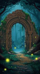 Fototapeta premium A weathered stone archway leads into a mystical forest path, illuminated by glowing fireflies.