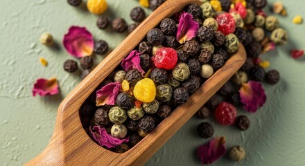 Wooden scoop filled with colorful peppercorns and rose petals a vibrant culinary ingredient and spice blend