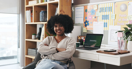 Laptop, portrait and arms crossed with woman in home office for research, newsletter subscription...