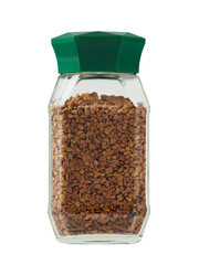 Glass jar with plastic lid green color with instant coffee drink.