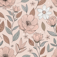 Seamless pattern with vintage floral vector illustration of colorful blossoms, leaves, and branches on a nature-inspired textile background