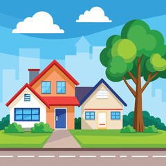 Fototapeta premium Cartoon vector illustration of houses and buildings in a summer village landscape with trees, grass, and sky