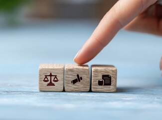 Hand touching wooden blocks with legal, medical, and document icons