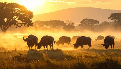 Fototapeta premium Silhouetted African buffalo graze in a golden savanna sunrise, bathed in warm light and mist.