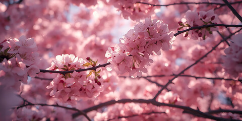 Obraz premium Beautiful pink cherry blossom flowers blooming in springtime nature scene