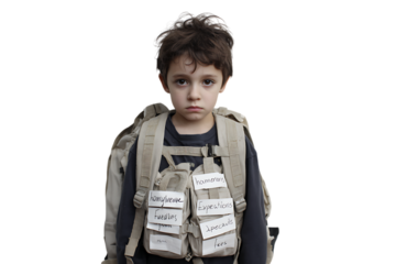 Young boy burdened by conflict, symbolizing child soldiers.