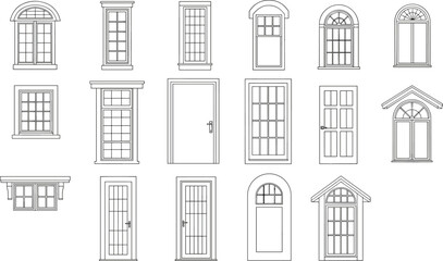 Collection of house windows and doors, detailed architecture elements, building design, line art, cad drawing flat vector illustration, construction