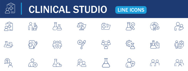 Clinical study line editable icon set. Featuring research, clinical trial, laboratory, researcher, consent form, medication, experimental, analysis, clinical data and more. Linear vector illustration.