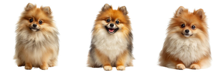 Set of Happy Pomeranian lying down, tongue out on transparent png background. Ai generated
