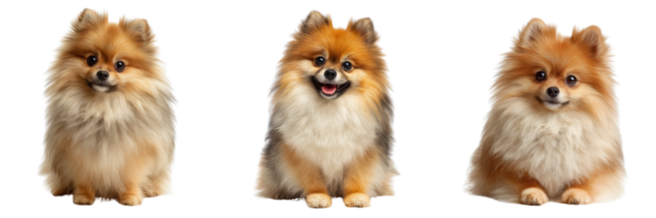 Set of Happy Pomeranian lying down, tongue out on transparent png background. Ai generated