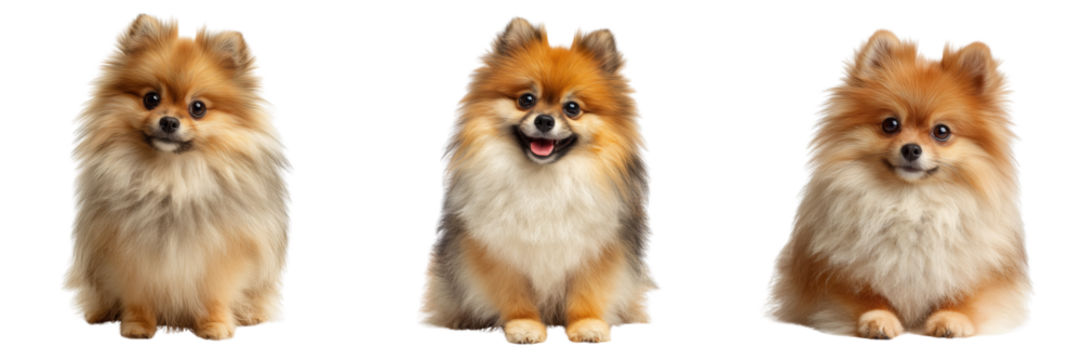 Set of Happy Pomeranian lying down, tongue out on transparent png background. Ai generated