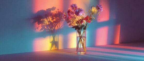 A glass vase with colorful flowers, showing vibrant light & shadow effects in blue, pink, orange hues, creating an artistic ambiance.