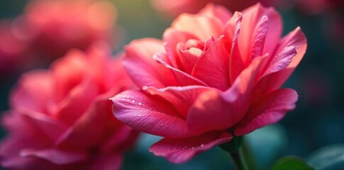 Close-up of velvety petals, dew-kissed and glistening, radiating soft light Sensual textures and vibrant colors evoke a feeling of lush intimacy and natural beauty , soft light, natural beauty