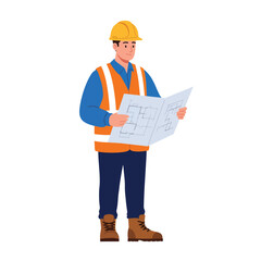 A construction worker in a hard hat and vest reviews blueprints