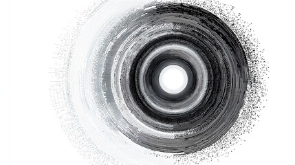 Abstract swirling concentric circles in grayscale, radiating from a central point