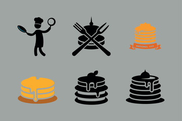 A set of creative pancake-themed icons featuring illustrations of stacks, syrup, utensils, and National Day elements. Ideal for design projects, food themes, or culinary celebrations