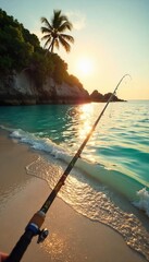 Golden hour casts a warm glow on a tranquil beach scene, fishing rod poised over calm turquoise waters A perfect day for a relaxing fishing trip by the sea , recreation, nature, fish