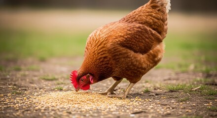 A brown hen pecks at grains scattered on the ground in a grassy outdoor area.