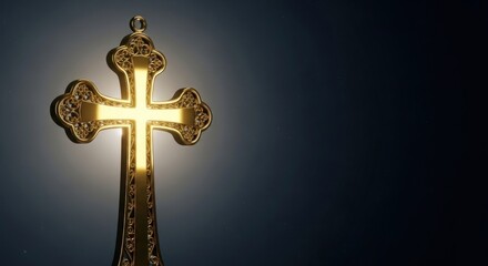 Illuminated ornate gold cross against a dark blue background.  The cross glows with inner light, suggesting faith and spirituality.