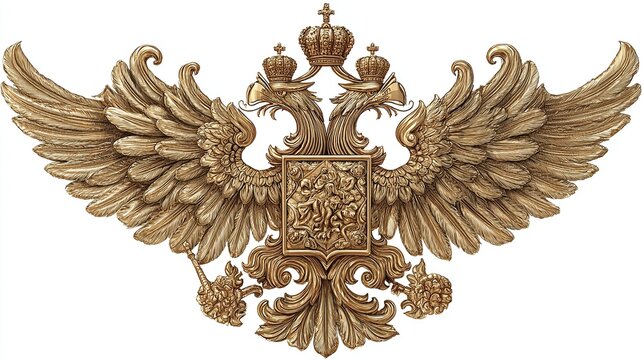 A gold, ornate double-headed eagle heraldic emblem, intricately detailed with a central shield, crowns, and floral accents, displayed against a white background