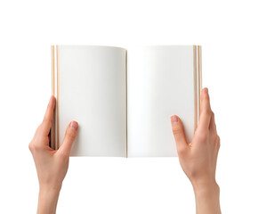 Hands holding an open book with blank pages on a black background.