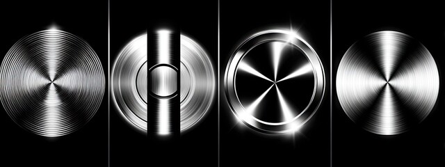 Four circular, metallic design elements on a black background