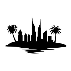 dubai skyline with palm trees, palm, tree, sunset, beach, tropical, silhouette, summer, vector, sun, nature, sky, illustration, island, sea, landscape, travel, ocean, sunrise, palms, coconut, paradise
