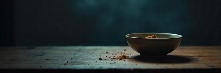 Empty bowl, crumbs on a table, dim lighting evokes feelings of loneliness and emptiness, suggesting the physical and emotional weight of depression and hunger , hunger, utensils