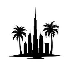 dubai skyline with palm trees, palm, tree, sunset, beach, tropical, silhouette, summer, vector, sun, nature, sky, illustration, island, sea, landscape, travel, ocean, sunrise, palms, coconut, paradise