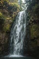Fototapeta premium A powerful waterfall cascades down a mossy cliff face, surrounded by lush green forest.