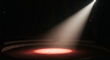 A spotlight illuminates the center of a dark circus tent, casting a warm glow on the stage floor.