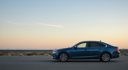 A serene twilight scene showcases a stylish, dark-blue sedan parked on a paved highway, with a minimalist background featuring a clear, pale sky, and a light-brown, grassy landscape.