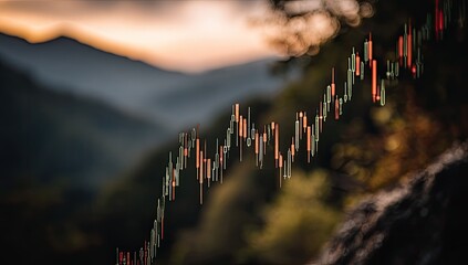 Financial chart overlayed on a blurred mountain landscape at sunrise