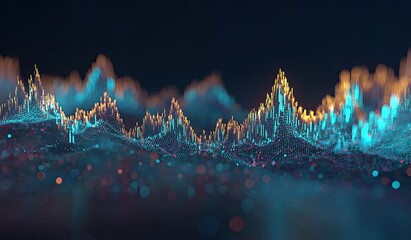 Abstract data visualization, a dark background displays a textured landscape of fluctuating lines and points of light, primarily in teal and gold tones