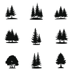 Obraz premium Collection of nine black pine tree silhouettes on white background