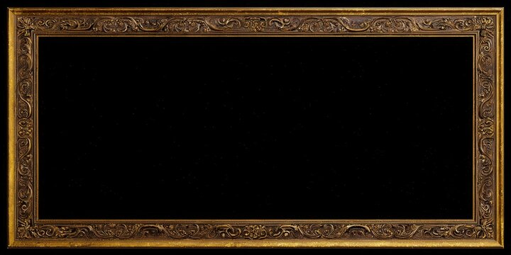A beautifully detailed, golden frame with intricate carvings on a black background.